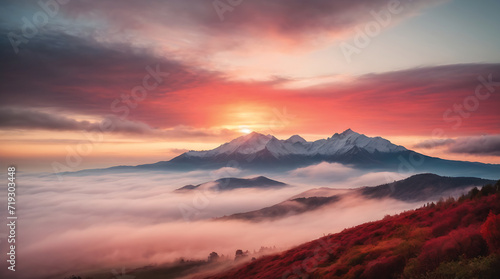 Foggy morning panoramic view of the mountains. Beautiful realistic vector landscape © UN