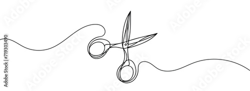 Continuous scissors with one line on a white background.