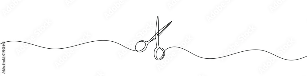 Continuous scissors with one line on a white background. - obrazy, fototapety, plakaty 