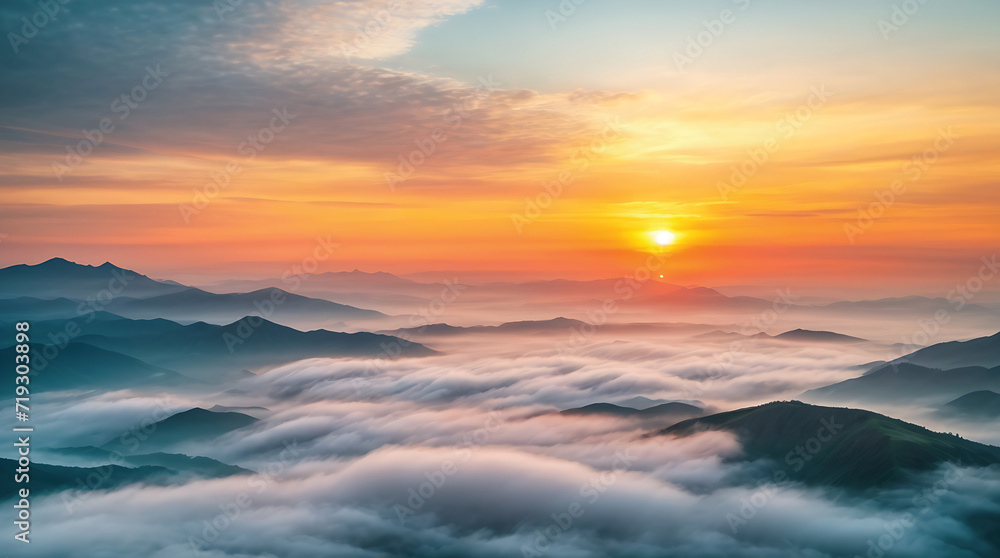 Foggy morning panoramic view of the mountains. Beautiful realistic vector landscape