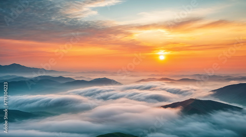 Foggy morning panoramic view of the mountains. Beautiful realistic vector landscape