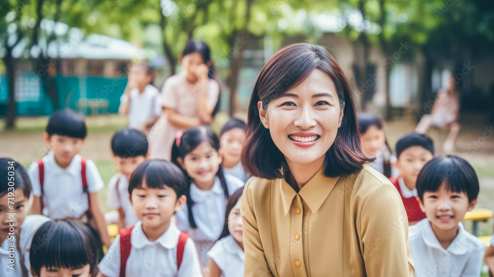 cadid shot of smiling male teacher in a class at elementary school looking at camera with learning smiling students on background cadid shot of smiling male teacher in a class at elementary school looking at camera with learning smiling students on background