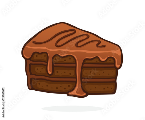 Piece of Cake with Chocolate Glaze Cream and Fondant. Dessert Food. Vector Illustration. Hand Drawn Cartoon Clip Art With Outline. Graphic Element for Design. Isolated on White Background