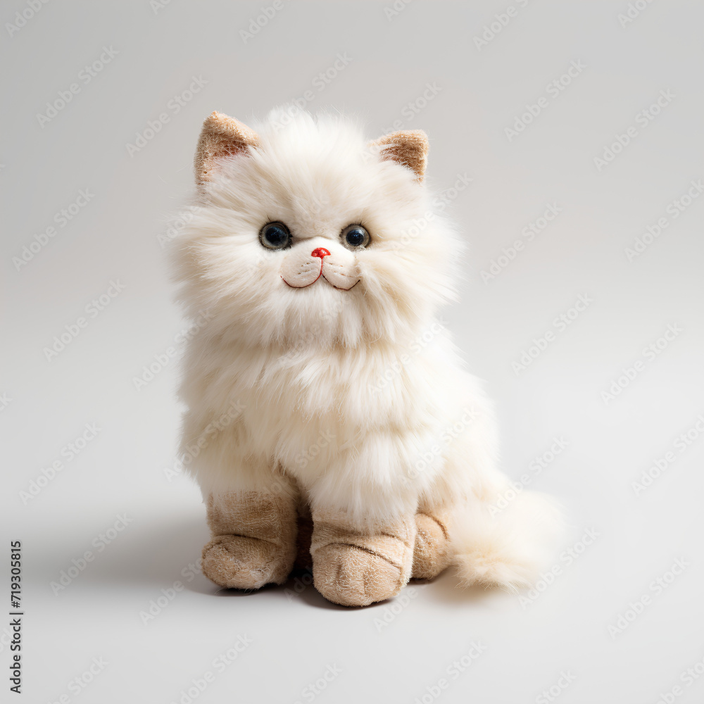 Stuffed cat. Plain background.
