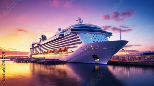 A modern  white cruise ship near the pier at sunset  side view. Travel and vacation