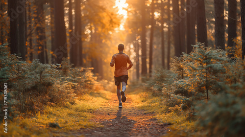 A young adult man runs through the forest on a natural path 