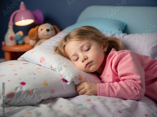 A beautiful little child sleeping in bed right now. Generative AI Image