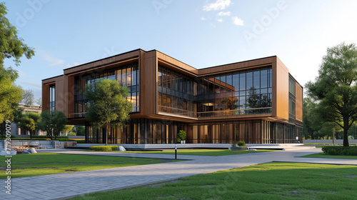 exterior view of a large administrative building in a modern wooden style © Katrin_Primak