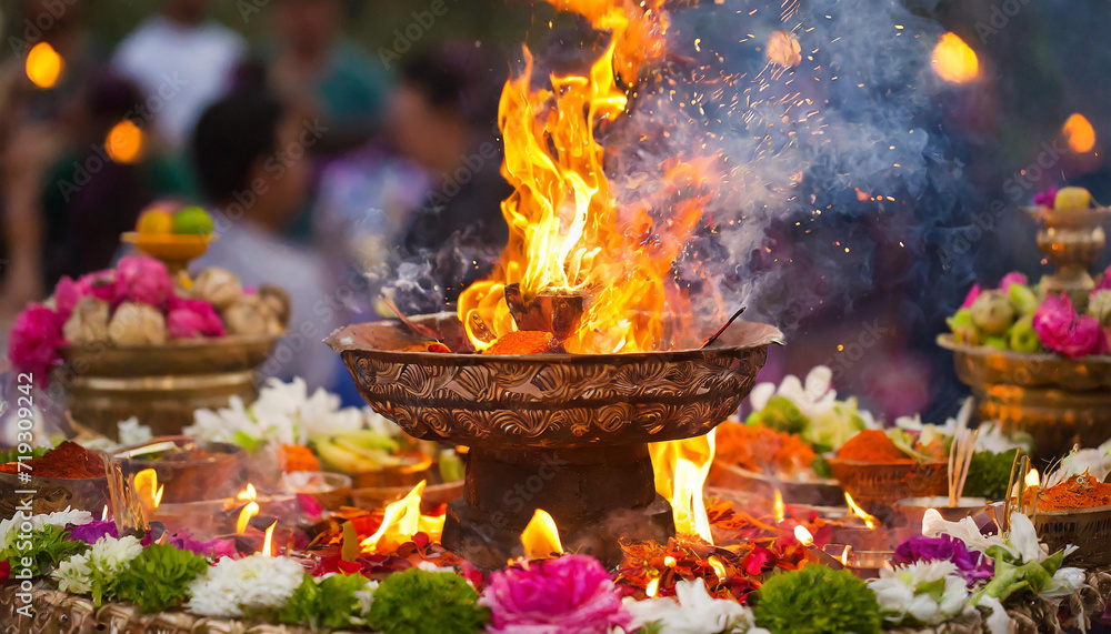 Traditional Indian Ritual Fire with Offerings Traditional Indian Ritual Fire with Offerings