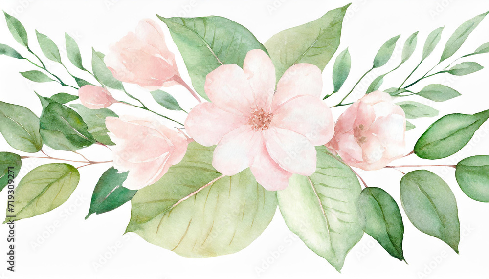 Watercolor light pink flowers and green leaves illustration, romantic wedding menu template Watercolor light pink flowers and green leaves illustration, romantic wedding menu template
