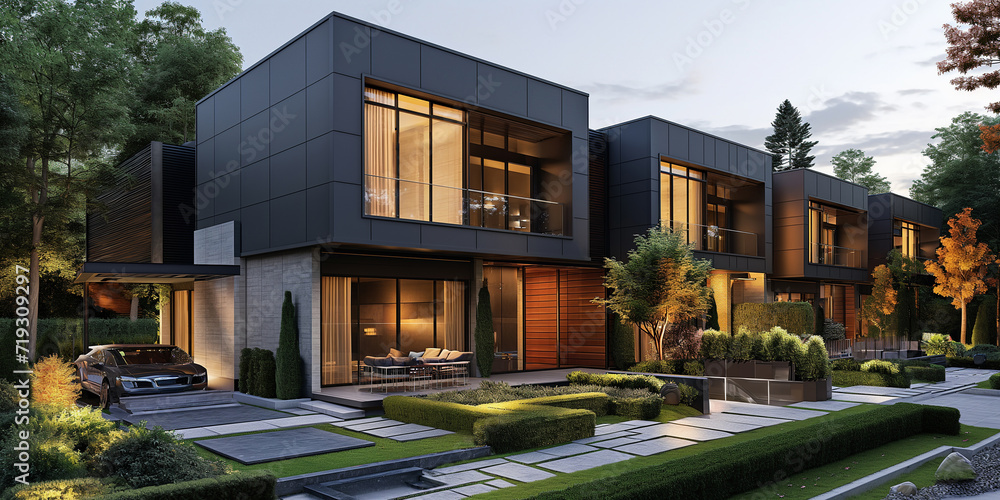 Modern modular private black townhouses. Residential architecture exterior Modern modular private black townhouses. Residential architecture exterior