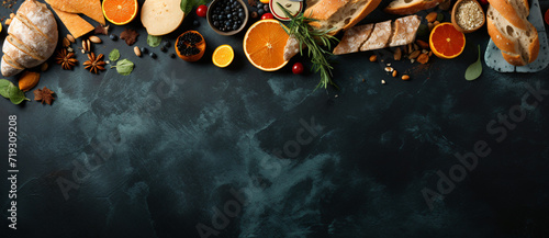 black stone table covered with toasted bread slices and vegetables, in the style of dark orange and aquamarine