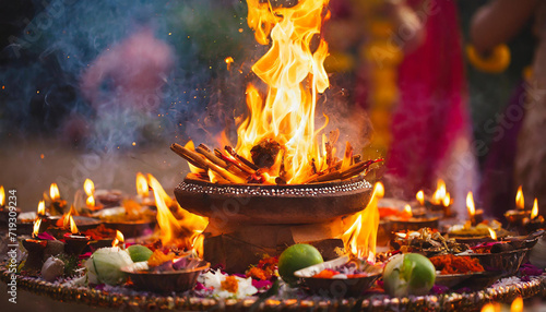Traditional Indian Ritual Fire with Offerings