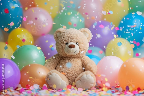 Teddy bear surrounded by rainbow-colored balloons and confetti evoking a sense of joy and celebration in a festive atmosphere