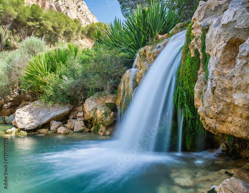 Waterfall at the Font de La Favara public park in La Nucia town, Alicante province, Spain photo