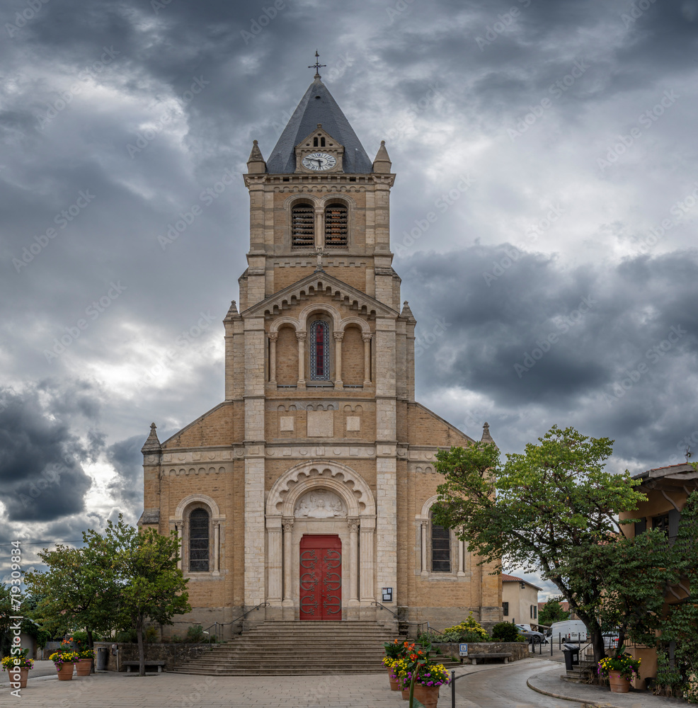 Dardilly, France - 08 06 2023: Panoramic view outside Saint Jean-Marie Vianney Church facade.