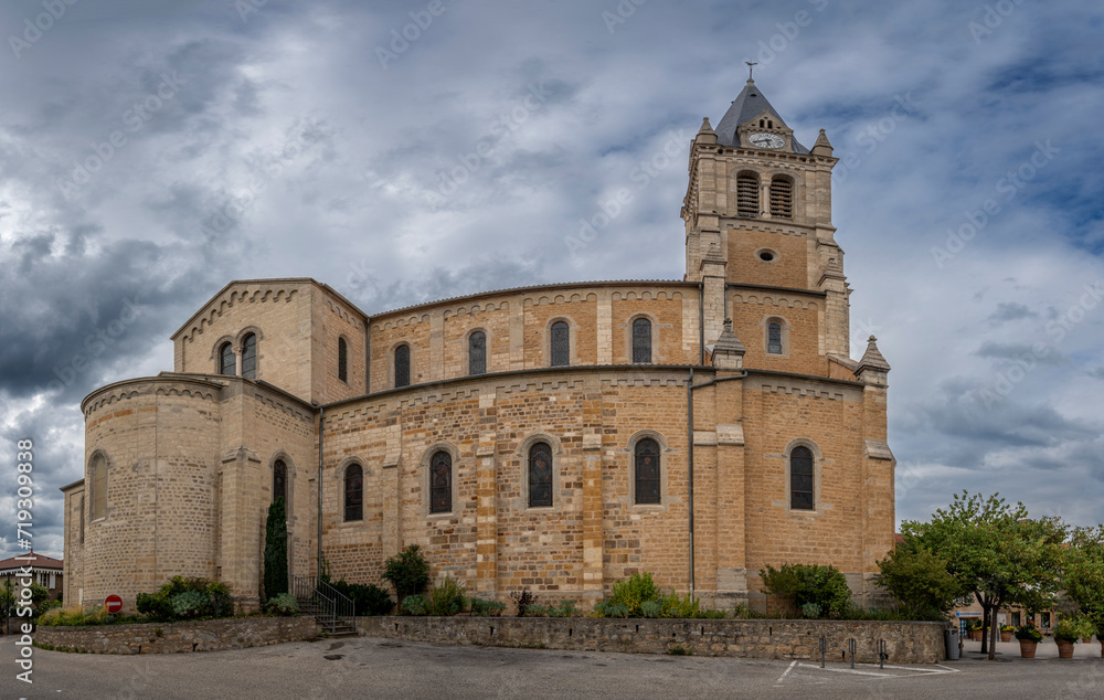 Dardilly, France - 08 06 2023: Panoramic view outside Saint Jean-Marie Vianney Church facade.