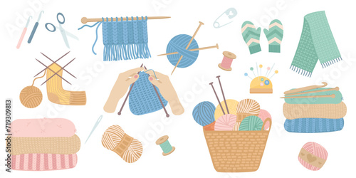 Set of knitted clothes and accessories. Knitting needles, wool balls, knitting needles. Vector illustration