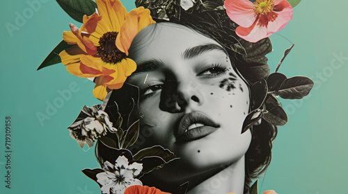 Abstract fashion art paper collage. Portrait of a woman with many flowers and birds. Mint background.