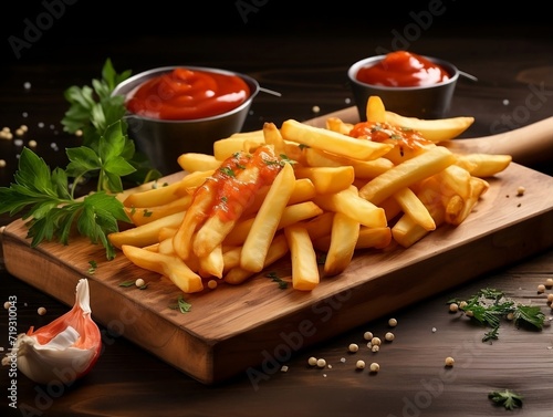French fries with tomato sauce on wooden board