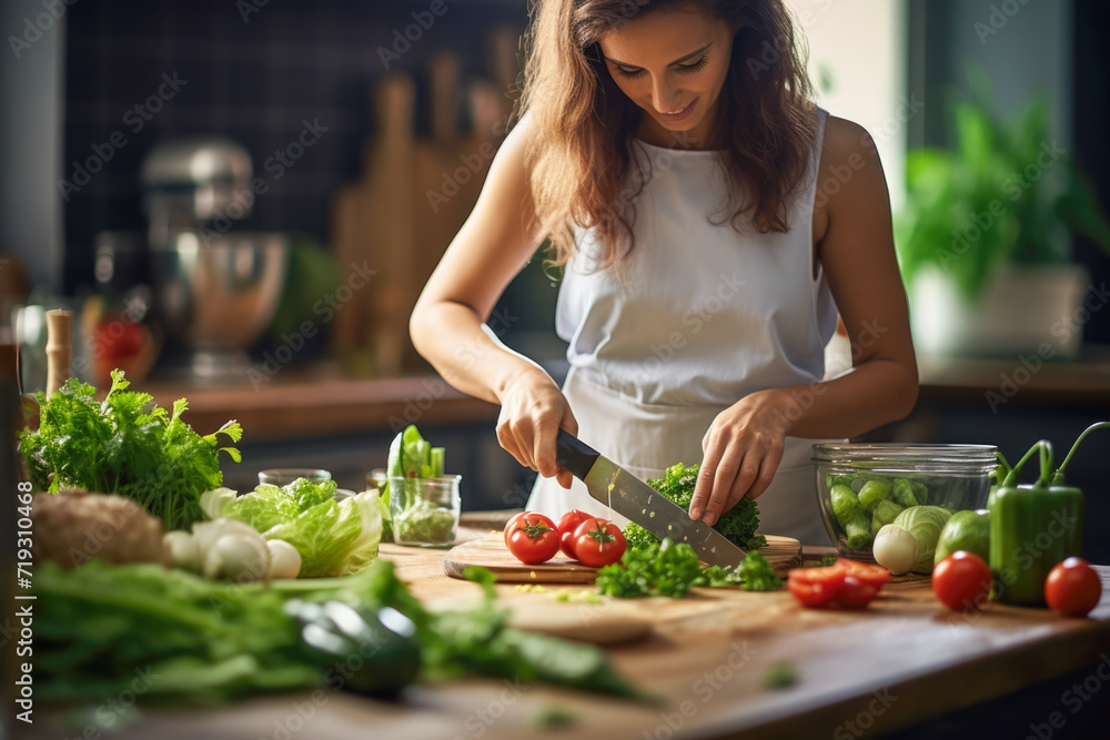 Woman's culinary artistry comes alive as she prepares a nutritious feast with style and sophistication Woman's culinary artistry comes alive as she prepares a nutritious feast with style and sophistication