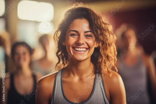 Woman joy of group fitness in a lively workout session with friends, fostering camaraderie and wellness together.