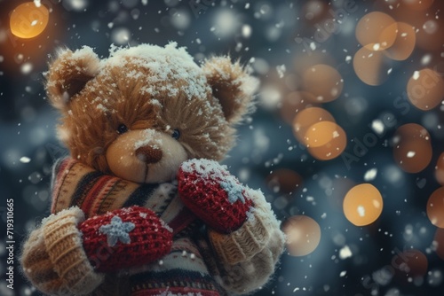 Teddy bear wearing a cozy scarf and mittens surrounded by falling snowflakes in a winter wonderland © Teddy Bear