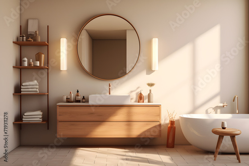 A bathroom with a mix of mid century modern and Scandinavian style