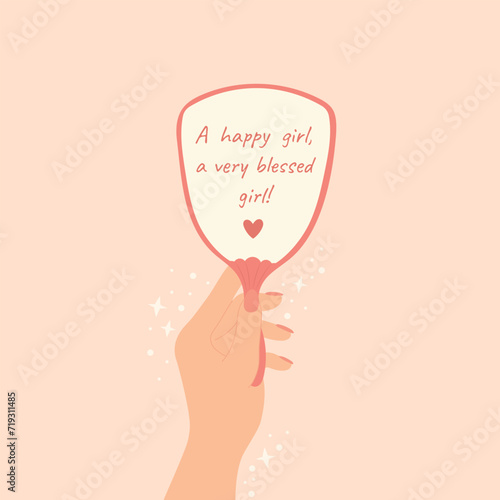 Concept of self love. Woman's hand holding mirror. Motivational quote self love positive mind concept. Motivation, inspiration, acceptance concept. Cartoon vector illustration.