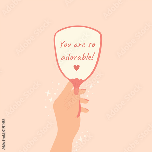 Concept of self love. Woman's hand holding mirror. Motivational quote self love positive mind concept. Motivation, inspiration, compliments, acceptance concept. Cartoon vector illustration.