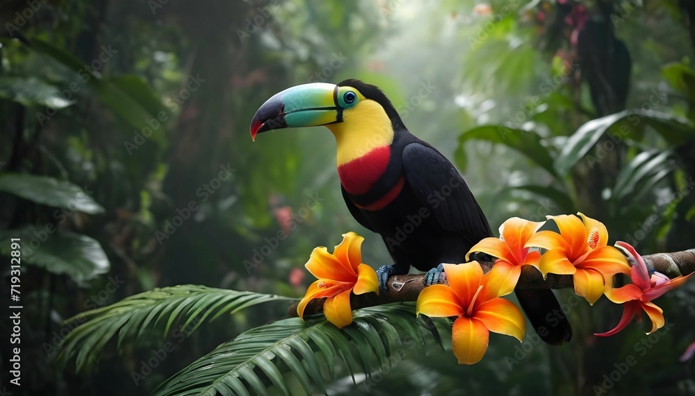 Obraz premium toucan in the jungle, Toucan 4k wallpaper, tropical rainforest, colorful flowers, hd created with generative ai 