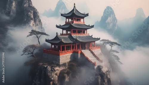 Fantasy background with mysterious ancient Chinese temple in mountains in the fog. Buddhist temple in mountains Chinese new year festival generative ai