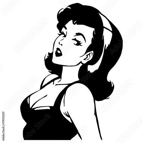 Poster vector illustration black and white. Fictional female character in the Pin Up style. Generated by Ai