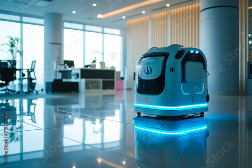 Futuristic robot washing machine is washing office floor in background of modern business office