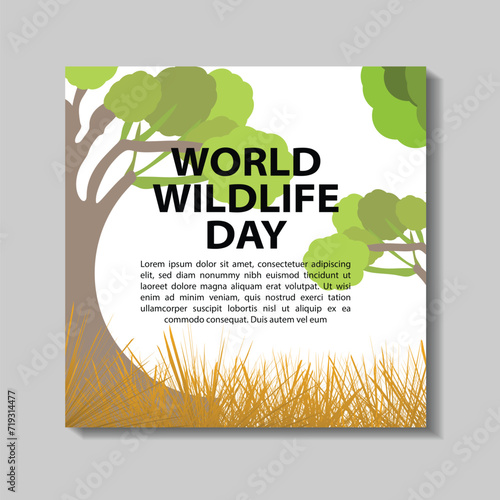 World Wildlife Day concept with the forest. Modern flat vector illustration. Web banner template and post design. animal, Social media post, earth, eco, elephant, animal day, fauna, giraffe, global,