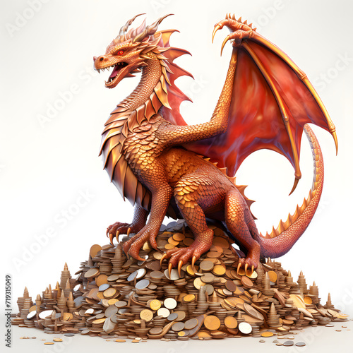 A red Chinese dragon stands on a pile of coins. A minimal concept of wealth and a Chinese new year