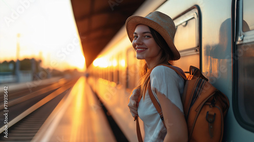 happy young woman in hat and backpack standing on platform of train at station