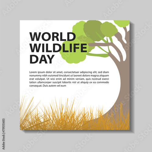 World Wildlife Day concept with the forest. Modern flat vector illustration. Web banner template and post design. animal, Social media post, earth, eco, elephant, animal day, fauna, giraffe, global,