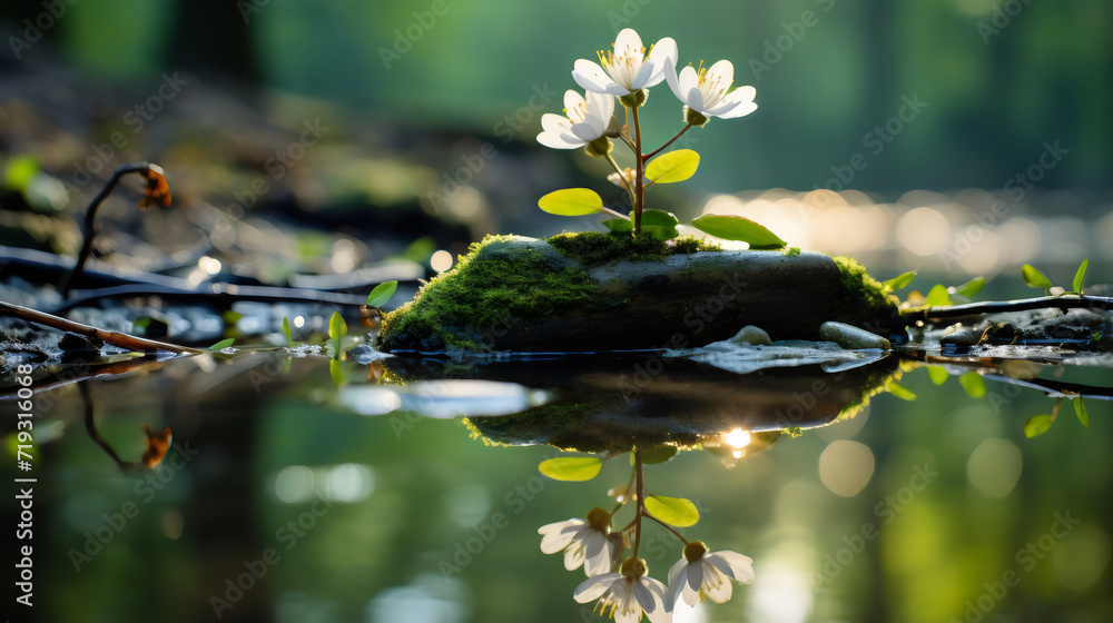 White flower grow out of zen stone pile in pond in forest, zen buddhism ...