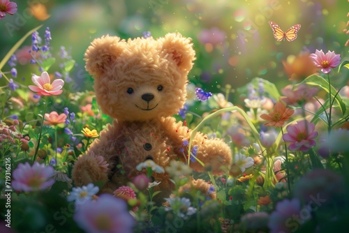Curious teddy bear exploring a charming garden filled with oversized flowers butterflies and whimsical surprises © Teddy Bear