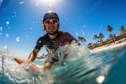 Surfer on the surfboard in the ocean with splashes of water