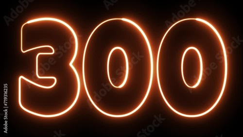 300 number text font with neon light. Luminous and shimmering haze inside the letters of the text 
three hundred. 300 number neon sign. photo