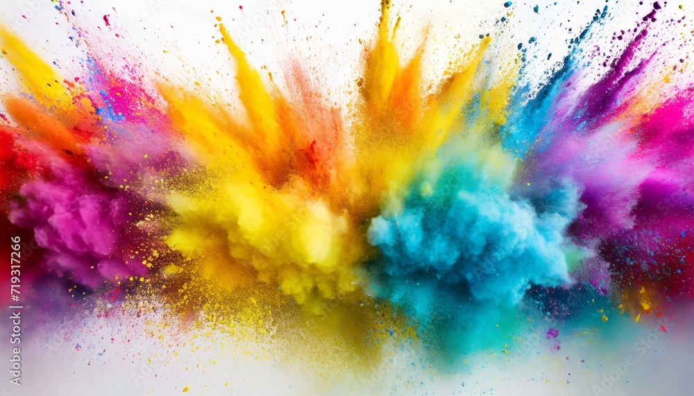 colorful rainbow holi paint color powder explosion with bright colors white wide panorama background