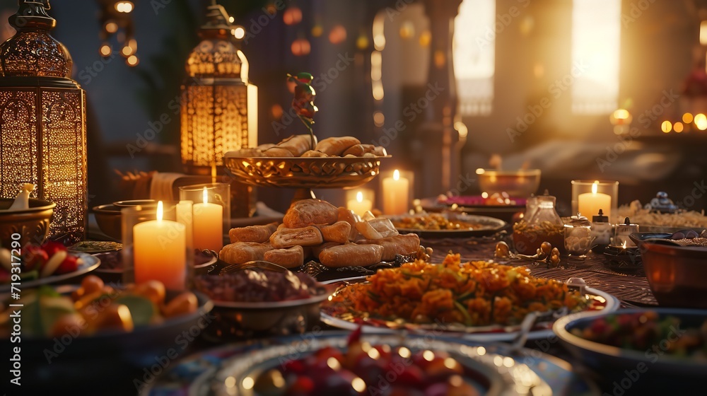 Traditional Ramadan iftar food with candel Traditional Ramadan iftar food with candel