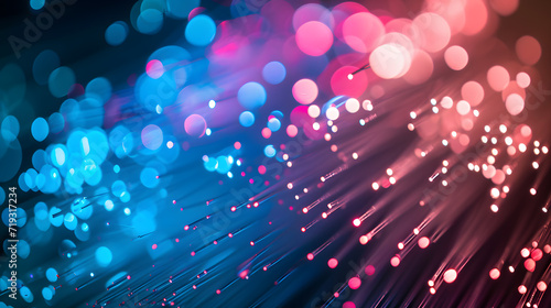 Close-up photo of cross-section of optical fiber that glows in different colors with bokeh effect. Technology background