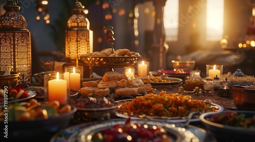 Traditional Ramadan iftar food with candel