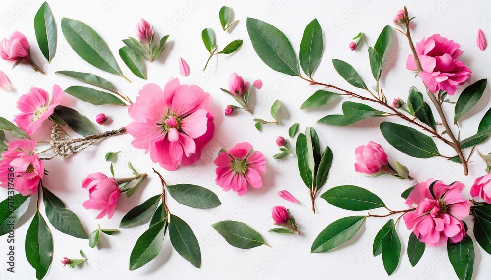 flowers composition pink flowers on white background flat lay top view flowers composition pink flowers on white background flat lay top view