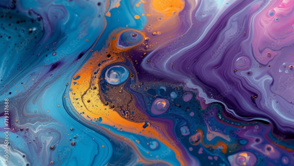 an image with a blue, purple, blue and orange liquid Generative AI