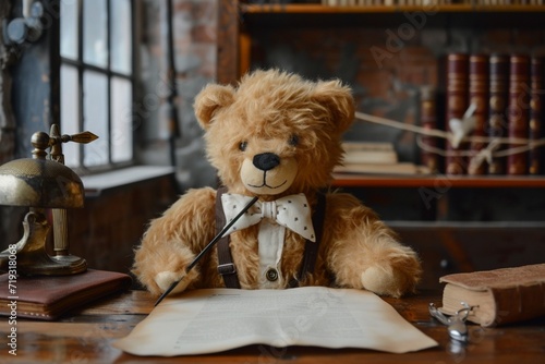 Dapper teddy bear dressed in a bow tie and suspenders seated at a wooden desk with a quill and parchment