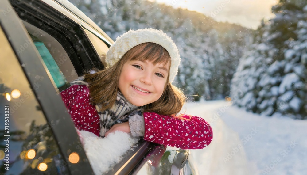 Joyful child with head out of a moving car window, genuinely excited for winter Joyful child with head out of a moving car window, genuinely excited for winter